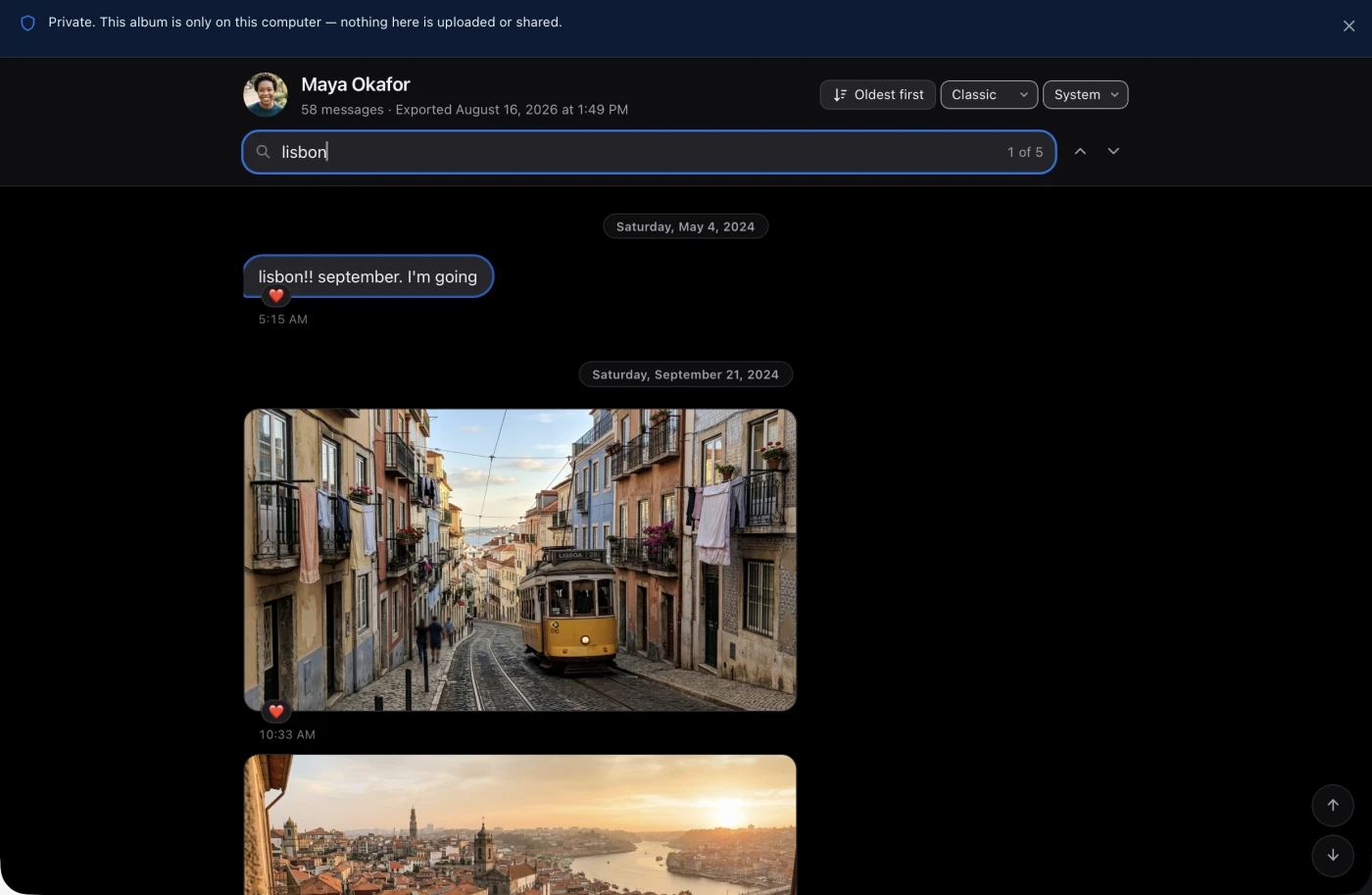 The exported album open in a web browser from a file address, with a search term typed into its search box, one of five results found, the matching message outlined, and full-quality photos from the trip below it.