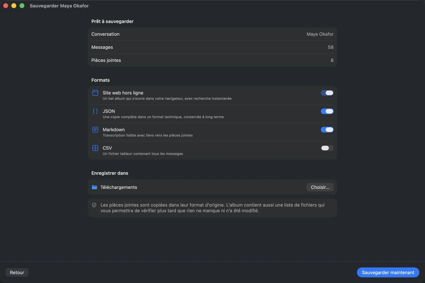 L’écran de configuration listant ce qui sera écrit : un site web hors ligne avec recherche instantanée, JSON, Markdown et un CSV facultatif, le dossier de destination, et une note précisant que les pièces jointes sont copiées dans leur format d’origine.