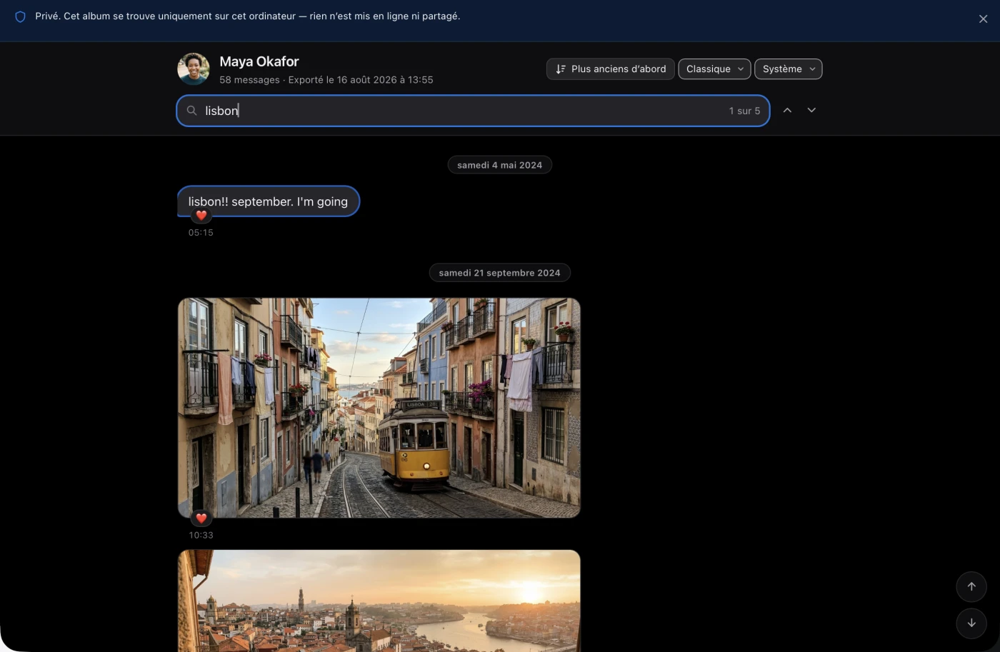 L’album exporté ouvert dans un navigateur depuis une adresse de fichier : un terme saisi dans le champ de recherche, un résultat sur cinq trouvé, le message correspondant encadré et, dessous, des photos du voyage en qualité d’origine.