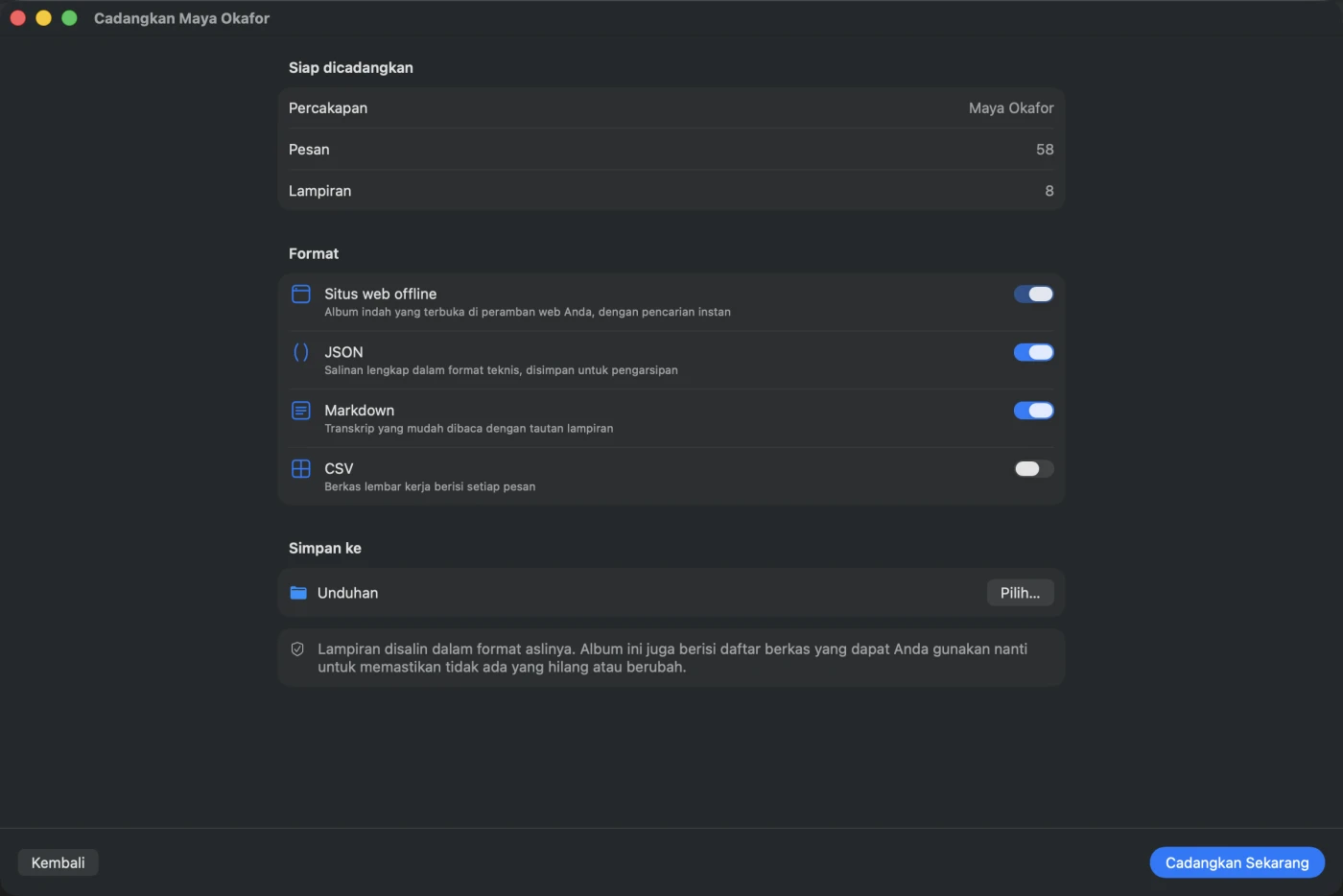 Layar pengaturan yang memuat apa yang akan ditulis: situs luring dengan pencarian instan, JSON, Markdown, dan CSV opsional, folder tujuan, serta catatan bahwa lampiran disalin dalam format aslinya.